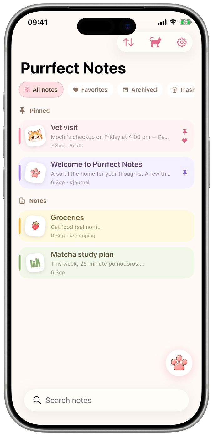 Purrfect Notes home screen in an iPhone frame
